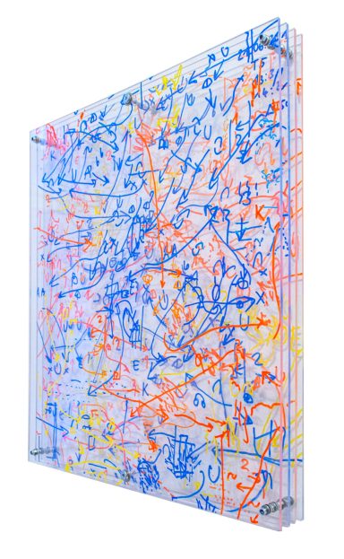 Darja Shatalova, VG-TF 3.2.1, 2025, lacquer marker on four acrylic glass plates, 42,5 x 48,5 x 5,5 cm, unique