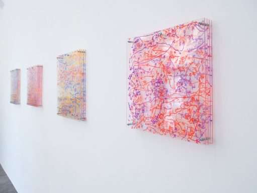 Installation shot: Darja Shatalova, VG-TF 3.1 & 3.2, 2025, lacquer marker on four acrylic glass plates