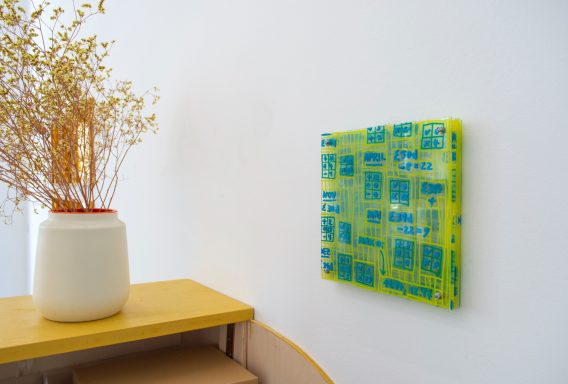 Darja Shatalova, I2HDNM-TF, 2026, lacquer marker on four acrylic glass plates, 24,5 x 24,5 x 3,5 cm, unique