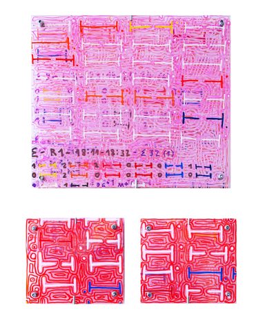 Darja Shatalova, 2^4EP-TF2, 2026, lacquer marker, four acrylic glass plates, three pieces, 32,5 x 28 x 3,5 cm, 16 x 14 x 3,5 cm (2x), unique