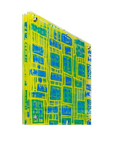 Darja Shatalova, I2HDNM-TF, 2026, lacquer marker on four acrylic glass plates, 24,5 x 24,5 x 3,5 cm, unique