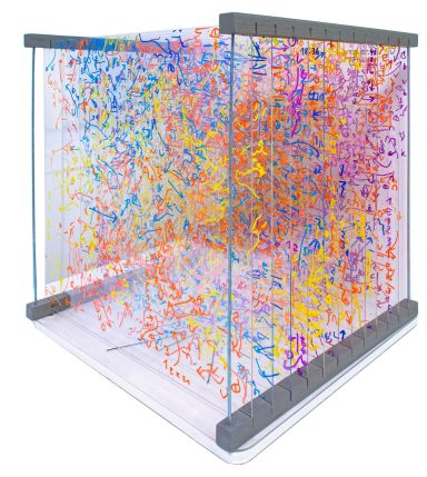 Darja Shatalova, VG-TF 3.3, 2025, lacquer marker on twelve acrylic glass panels, wooden frame, 48,5 x 48,5 x 52 cm, unique